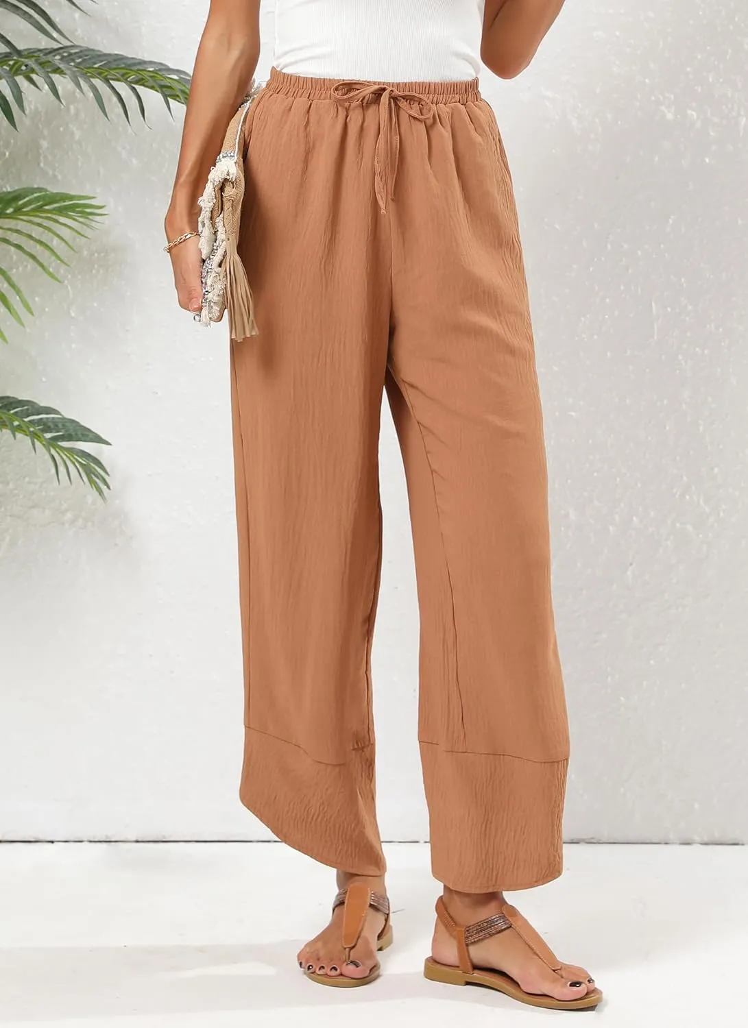 Women's Baggy Wide Leg Palazzo Pants Business Casual High Waisted Flowy Elastic Waist Sandy Shore Pants Pockets