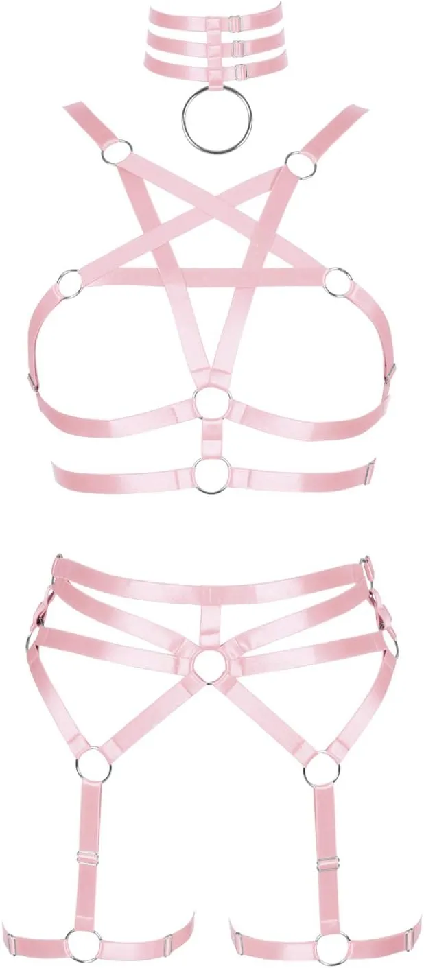 Women's Body Harness Pentagram Bra Set Punk Garter Leg Waist Dance Elastic Gothic Carnival Accessories