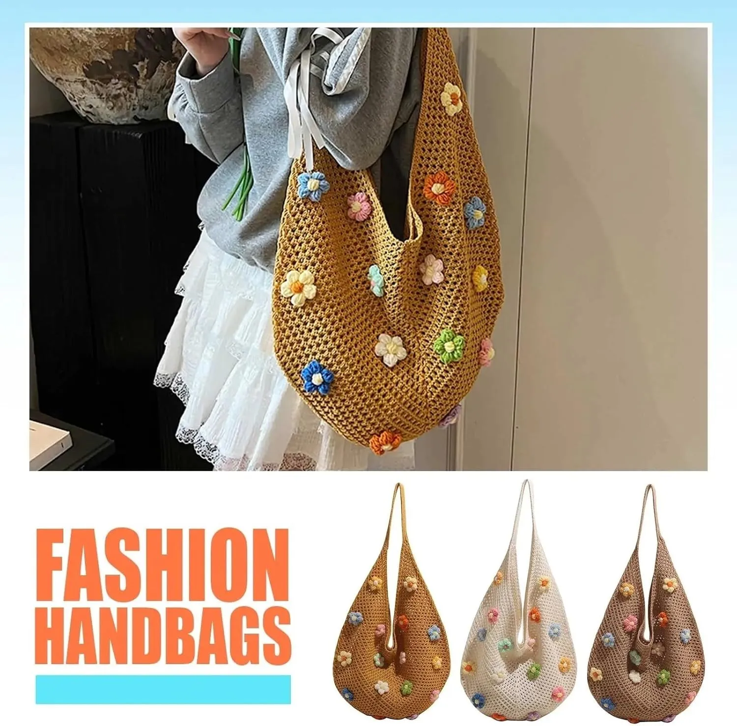 Women's Boho Embroidery Crossbody Bag Hollow Out Crochet Knit Shoulder Bag Tote Handbag