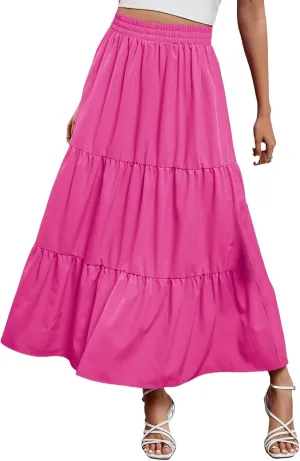 Womens Boho Maxi Skirts Summer Casual Elastic High Waisted Ruffle Hem Skirt Flowy Solid Color A Line Beach Skirts