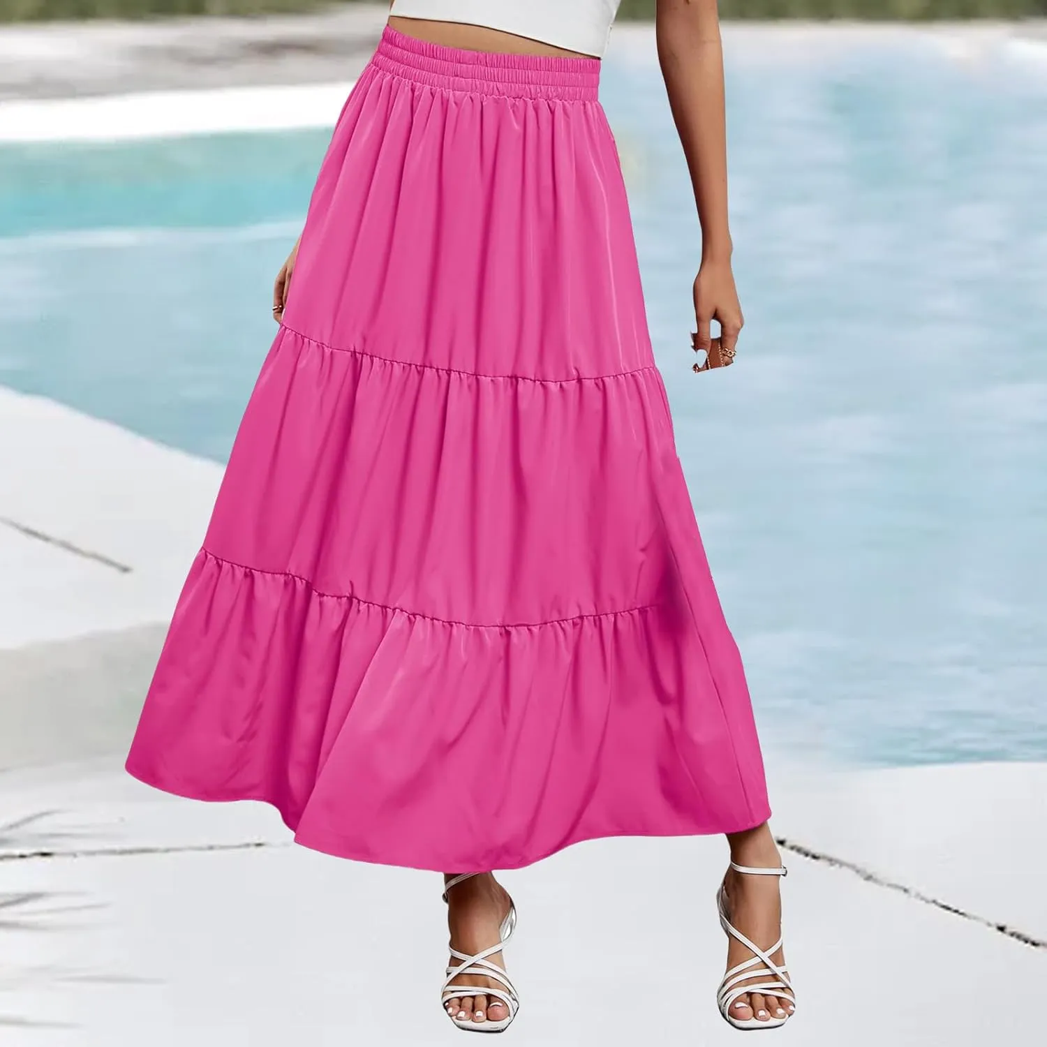 Womens Boho Maxi Skirts Summer Casual Elastic High Waisted Ruffle Hem Skirt Flowy Solid Color A Line Beach Skirts