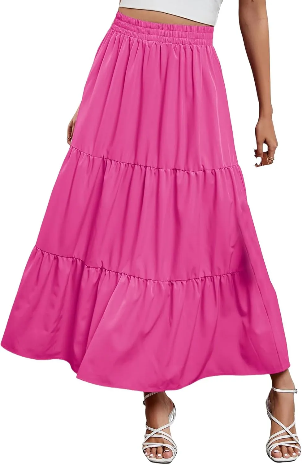 Womens Boho Maxi Skirts Summer Casual Elastic High Waisted Ruffle Hem Skirt Flowy Solid Color A Line Beach Skirts