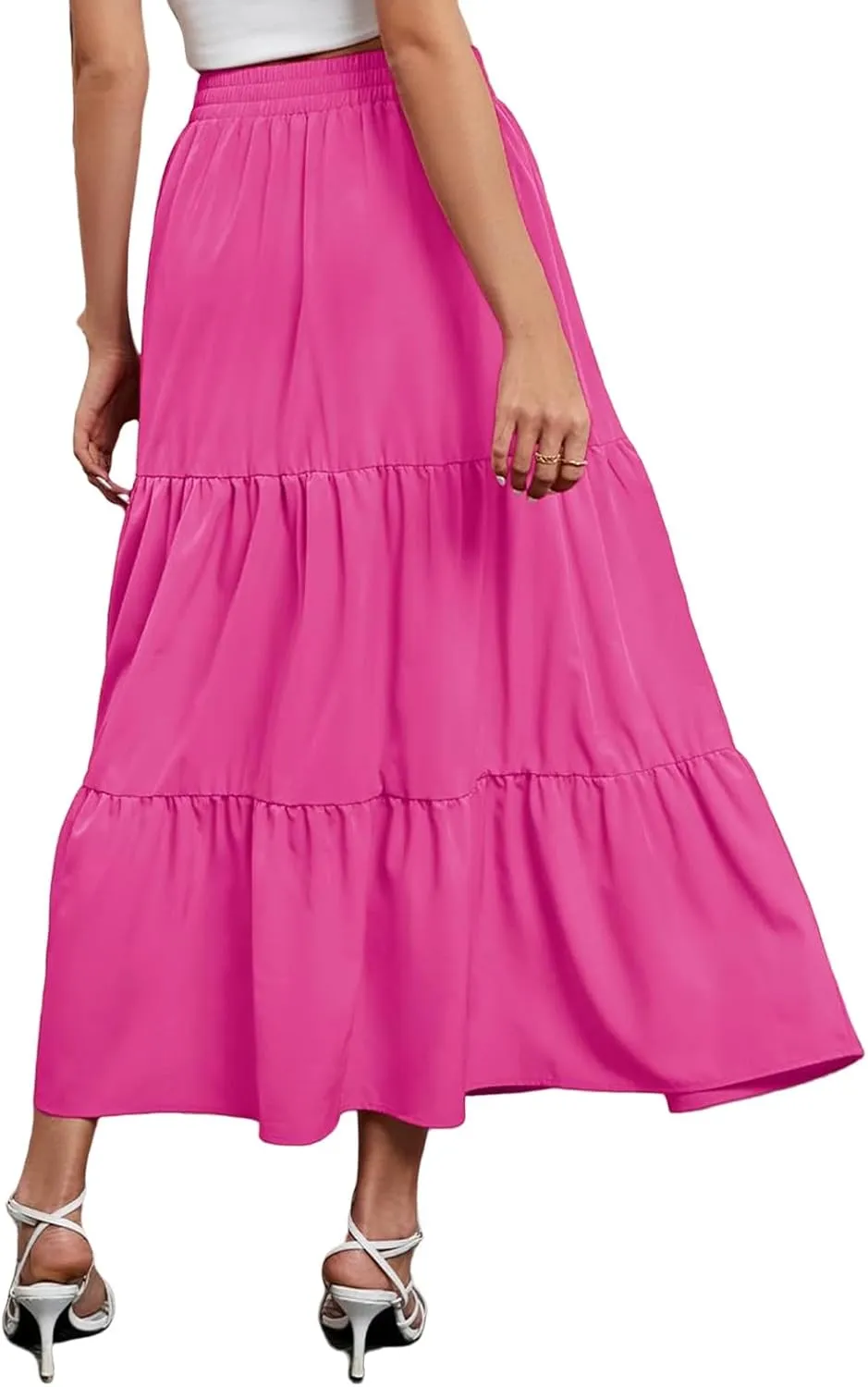 Womens Boho Maxi Skirts Summer Casual Elastic High Waisted Ruffle Hem Skirt Flowy Solid Color A Line Beach Skirts