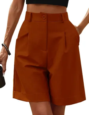 Women's Casual Bermuda Shorts Elastic Waist Wide Leg Knee Length Summer Shorts with Pockets