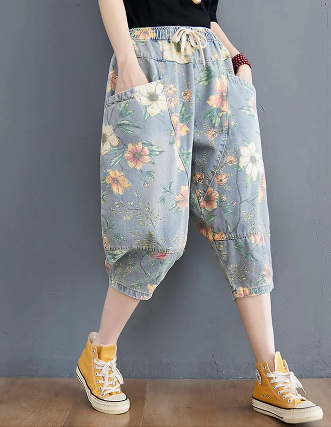 Women's Casual Denim Jeans Print Drawstring Elastic Waist Cotton Loose Splicing Harem Pants