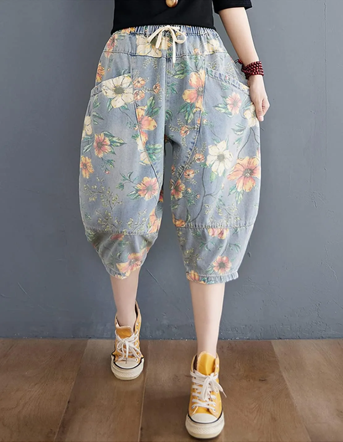 Women's Casual Denim Jeans Print Drawstring Elastic Waist Cotton Loose Splicing Harem Pants