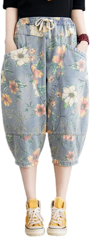 Women's Casual Denim Jeans Print Drawstring Elastic Waist Cotton Loose Splicing Harem Pants