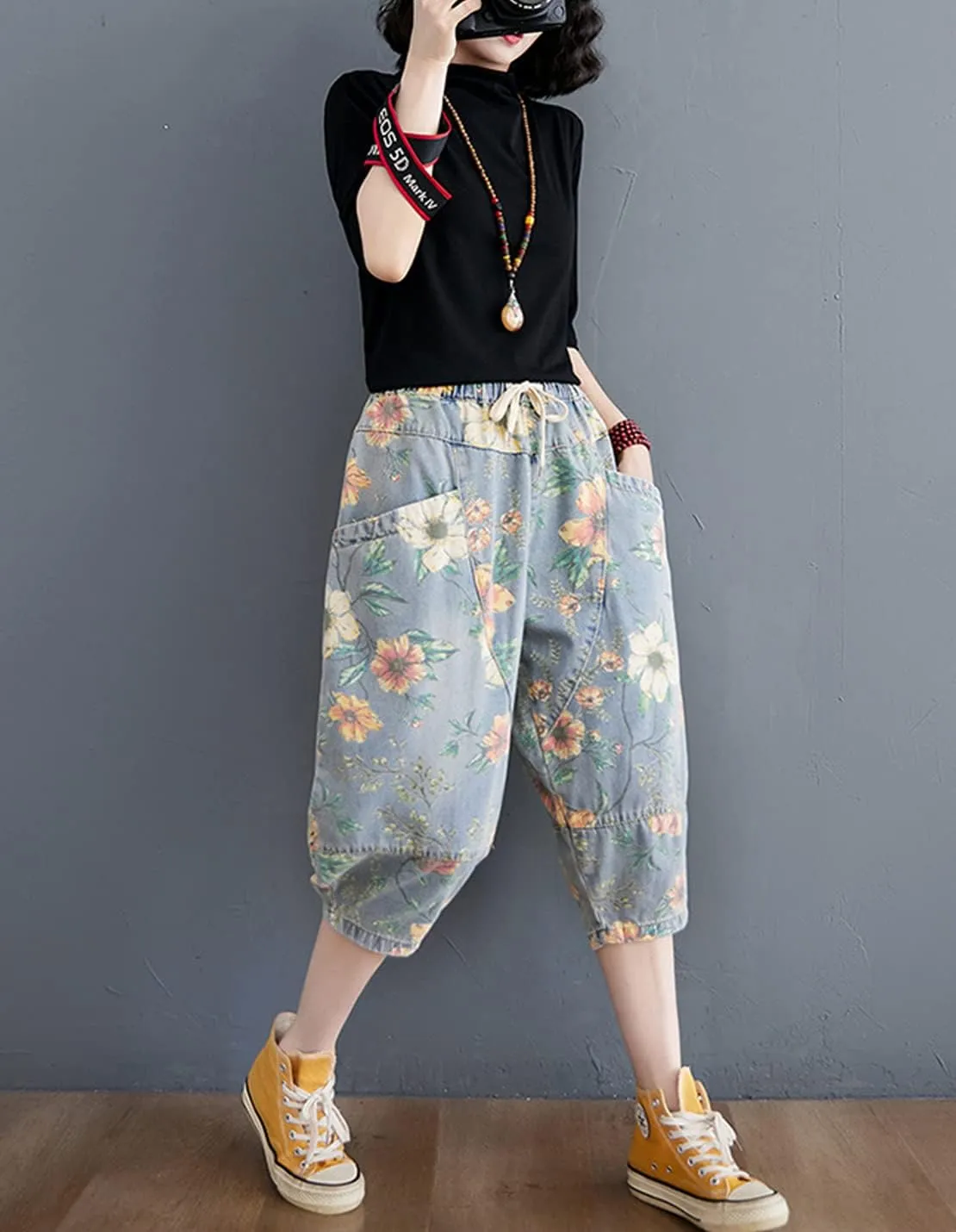 Women's Casual Denim Jeans Print Drawstring Elastic Waist Cotton Loose Splicing Harem Pants