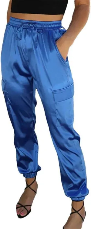 Women's Casual Pants Elastic Waist Drawstring Solid Cargo Pants tie Ankle Strap Pocket Satin Sports Pants