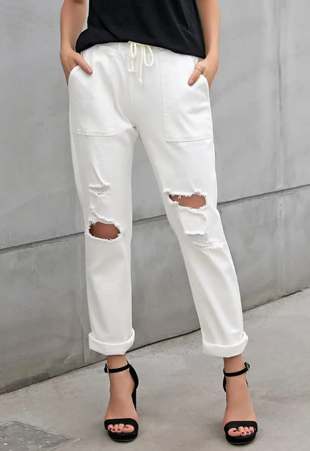 Women’s Casual Pull-on Distressed Stretch Jeans Elastic Waist Jean Denim Joggers Pants