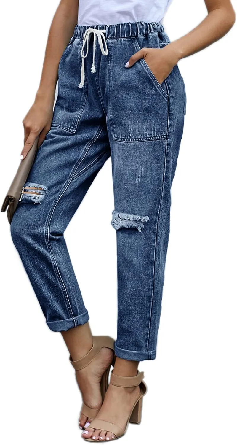 Women’s Casual Pull-on Distressed Stretch Jeans Elastic Waist Jean Denim Joggers Pants