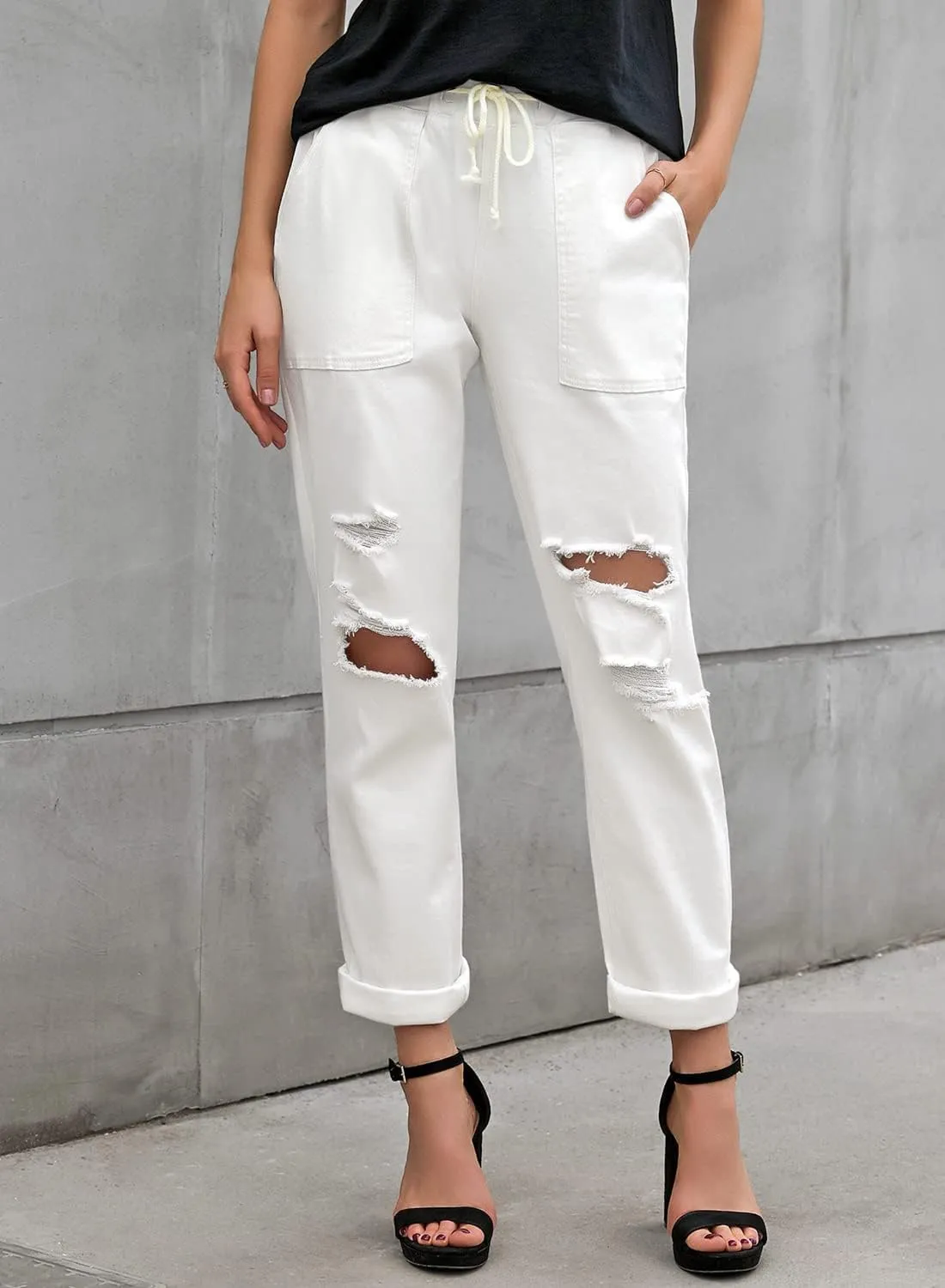 Women’s Casual Pull-on Distressed Stretch Jeans Elastic Waist Jean Denim Joggers Pants