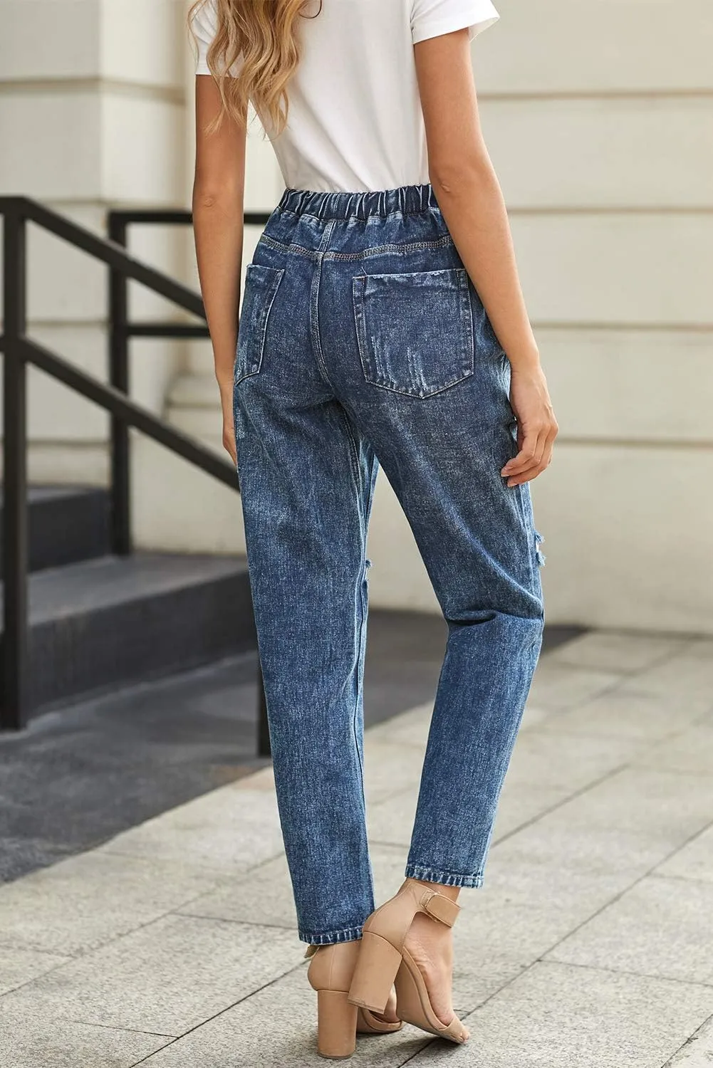 Women’s Casual Pull-on Distressed Stretch Jeans Elastic Waist Jean Denim Joggers Pants