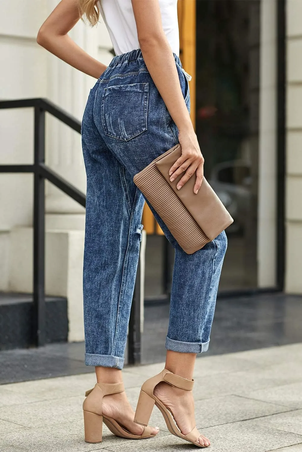 Women’s Casual Pull-on Distressed Stretch Jeans Elastic Waist Jean Denim Joggers Pants