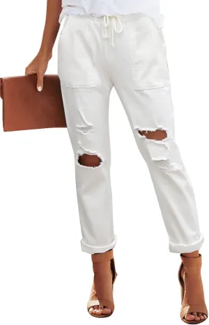 Women’s Casual Pull-on Distressed Stretch Jeans Elastic Waist Jean Denim Joggers Pants