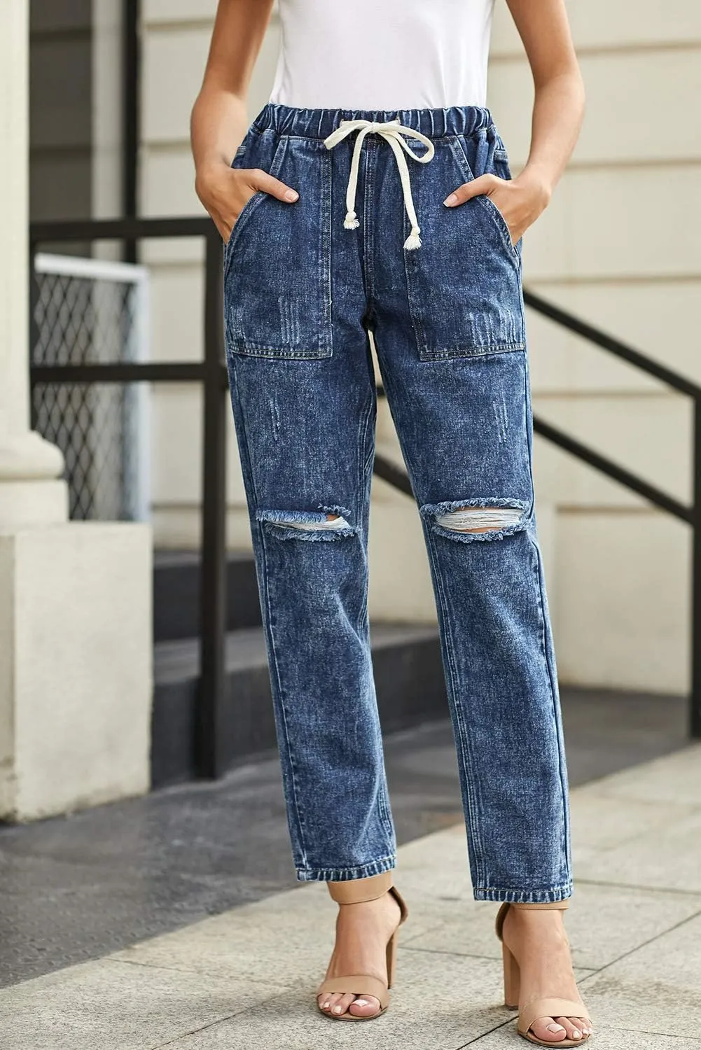 Women’s Casual Pull-on Distressed Stretch Jeans Elastic Waist Jean Denim Joggers Pants