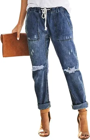 Women’s Casual Pull-on Distressed Stretch Jeans Elastic Waist Jean Denim Joggers Pants