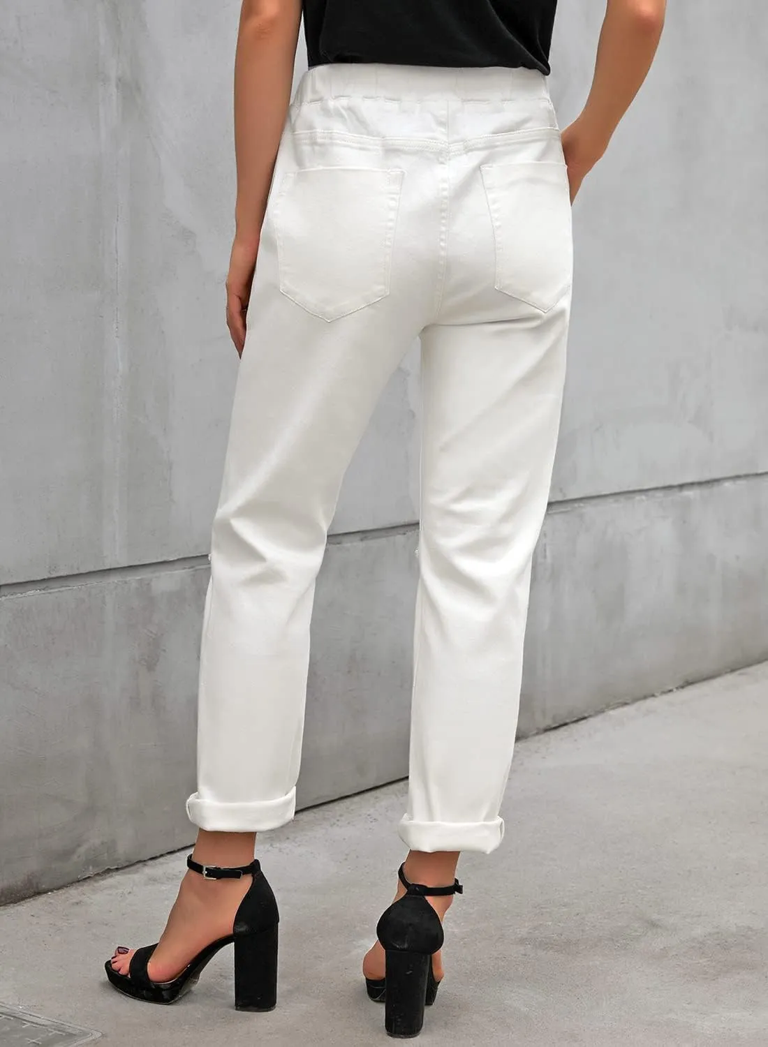 Women’s Casual Pull-on Distressed Stretch Jeans Elastic Waist Jean Denim Joggers Pants