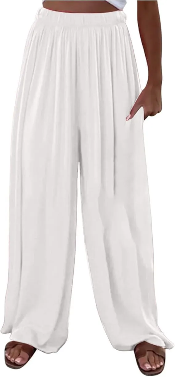 Women's Casual Wide Leg Loose Fashion Trousers Elastic Waisted Palazzo Pants Lounge Work Trouser with Pockets