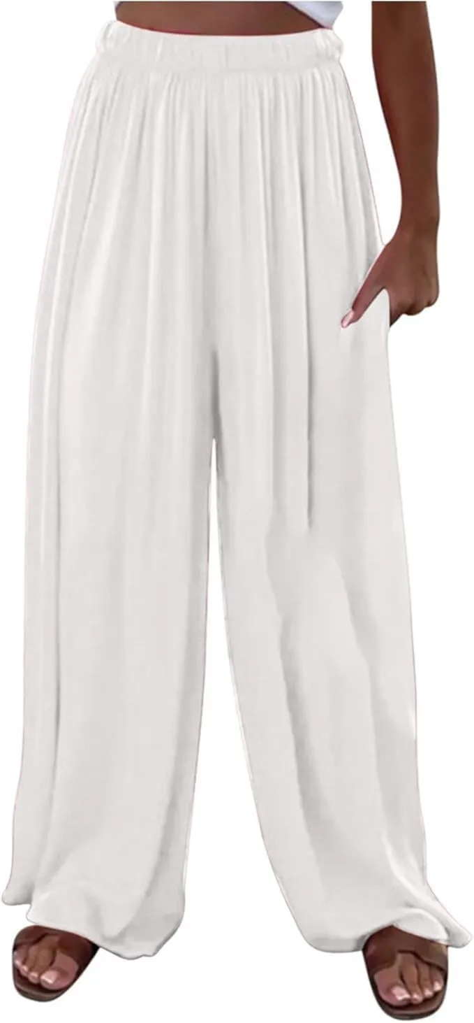 Women's Casual Wide Leg Loose Fashion Trousers Elastic Waisted Palazzo Pants Lounge Work Trouser with Pockets
