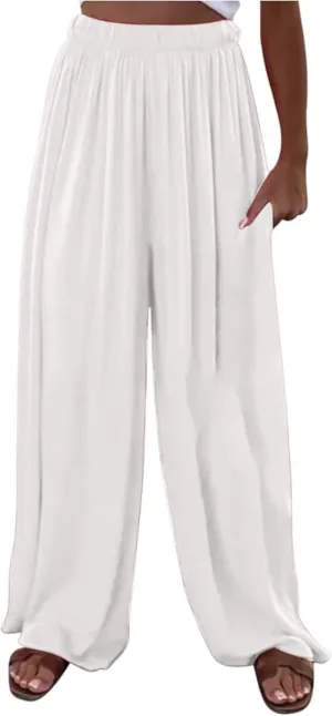 Women's Casual Wide Leg Loose Fashion Trousers Elastic Waisted Palazzo Pants Lounge Work Trouser with Pockets