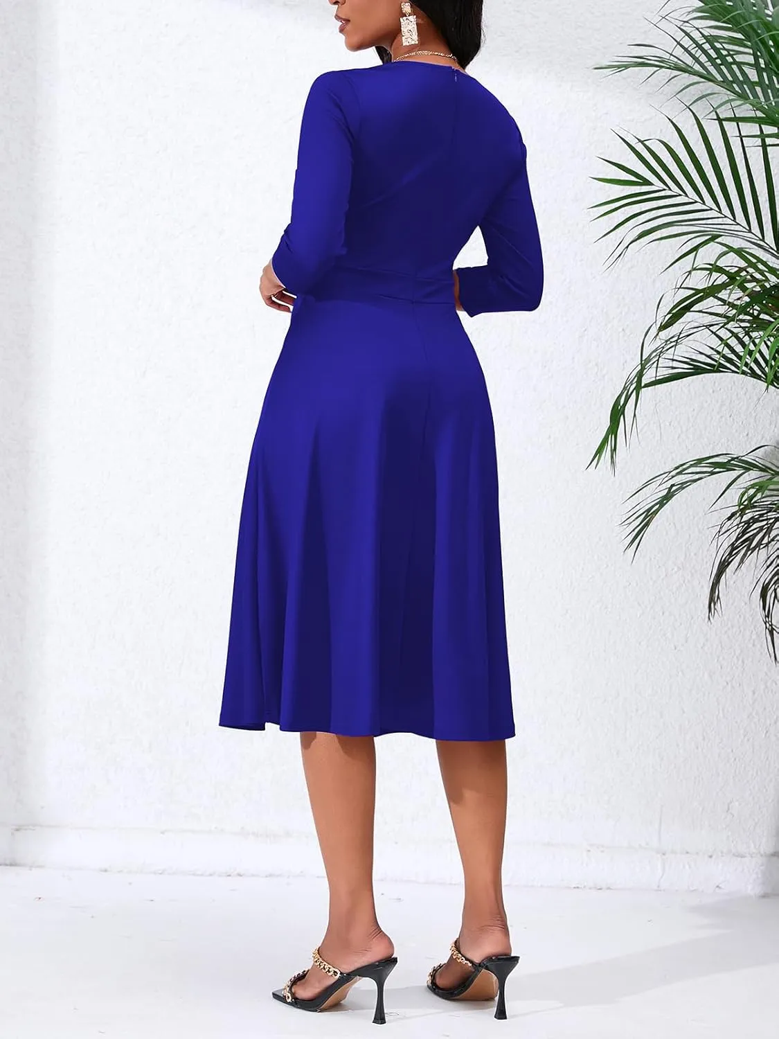 Women's Casual Wrap Flared Midi Dress - A-Line Swing V-Neck 3/4 Sleeve Dress for Wedding Guest & Cocktail Tea Party