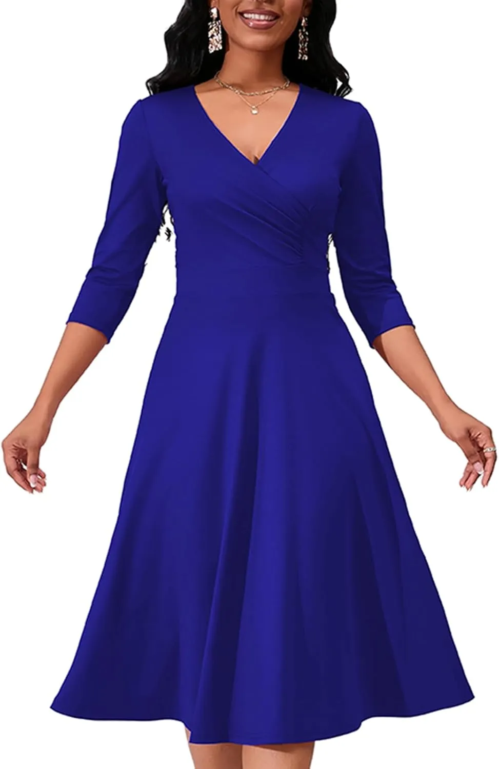 Women's Casual Wrap Flared Midi Dress - A-Line Swing V-Neck 3/4 Sleeve Dress for Wedding Guest & Cocktail Tea Party