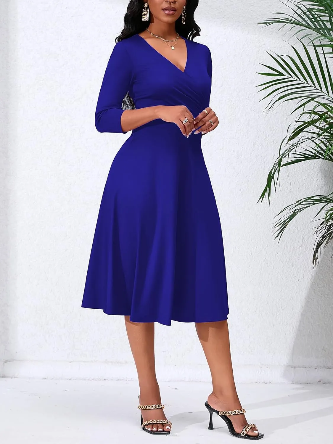 Women's Casual Wrap Flared Midi Dress - A-Line Swing V-Neck 3/4 Sleeve Dress for Wedding Guest & Cocktail Tea Party
