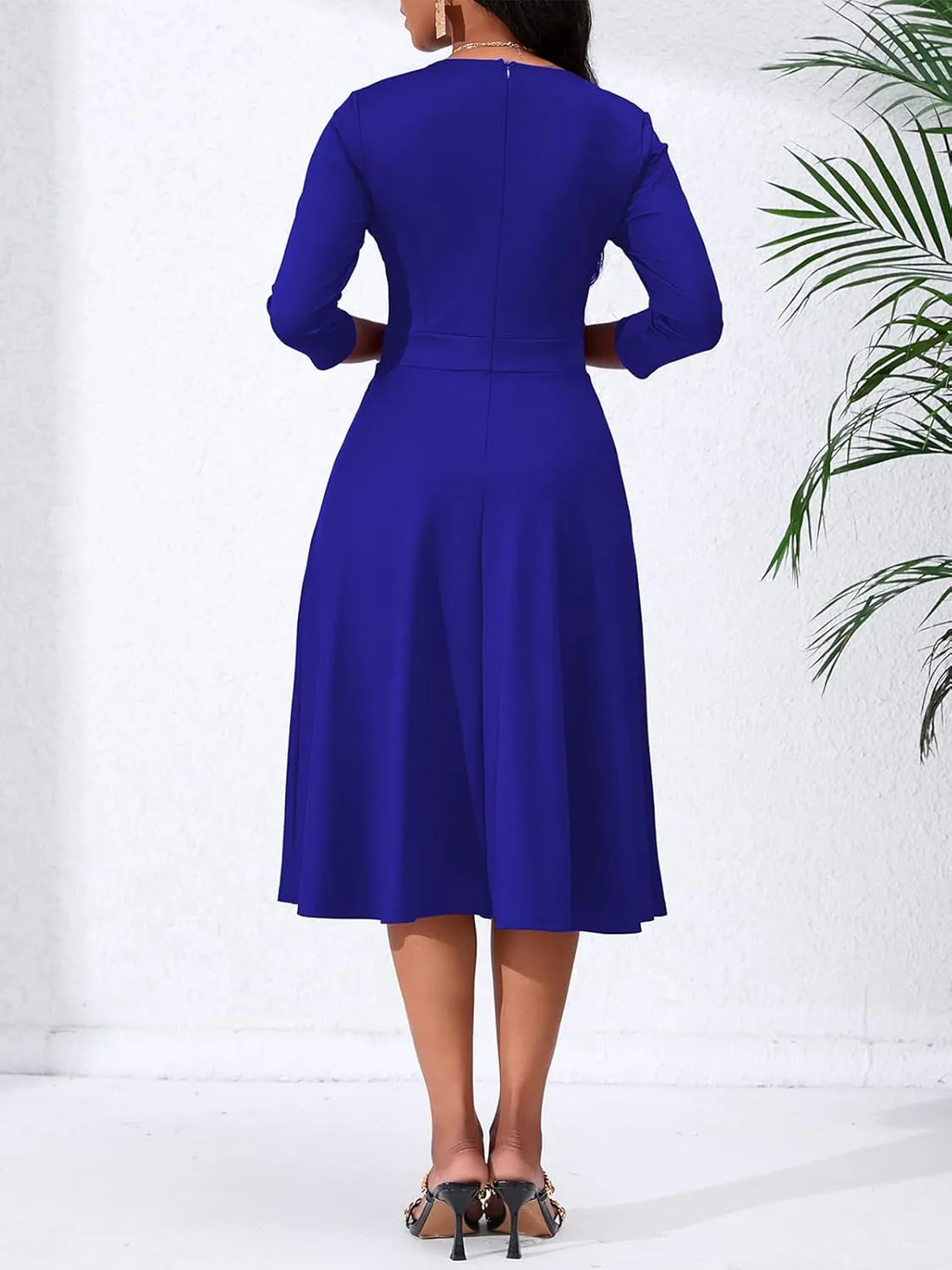 Women's Casual Wrap Flared Midi Dress - A-Line Swing V-Neck 3/4 Sleeve Dress for Wedding Guest & Cocktail Tea Party