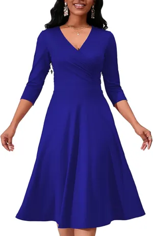 Women's Casual Wrap Flared Midi Dress - A-Line Swing V-Neck 3/4 Sleeve Dress for Wedding Guest & Cocktail Tea Party