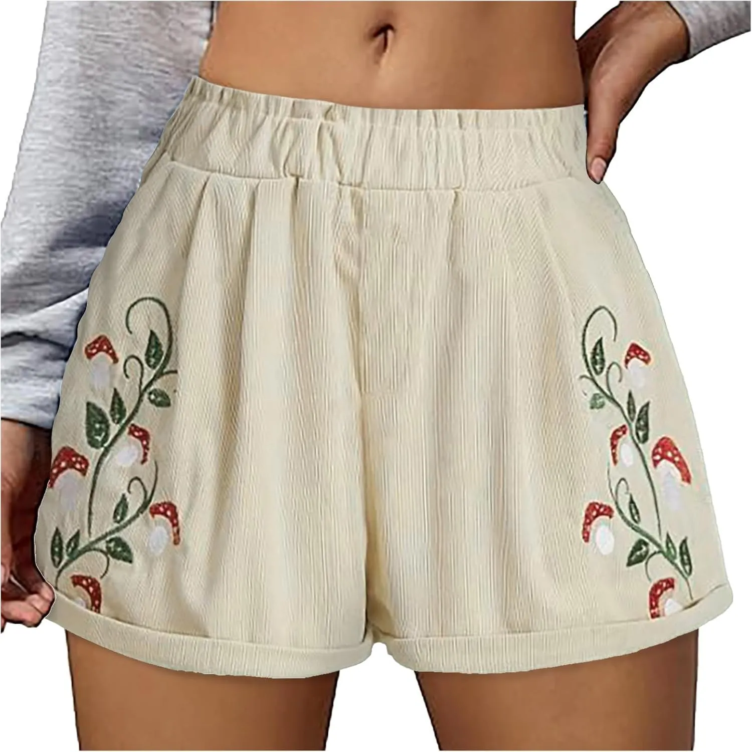 Women's Corduroy Comfy Plants Embroidery Shorts Elastic Waist Straight Leg Casual Beach Shorts for Women