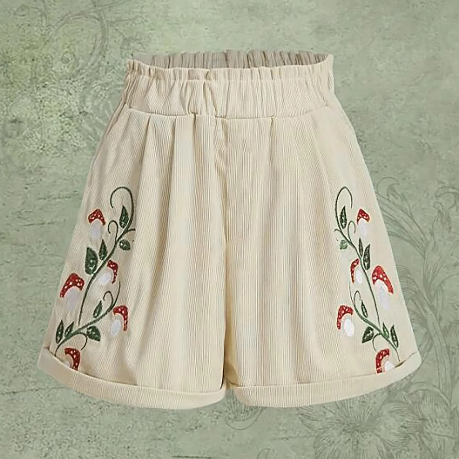 Women's Corduroy Comfy Plants Embroidery Shorts Elastic Waist Straight Leg Casual Beach Shorts for Women