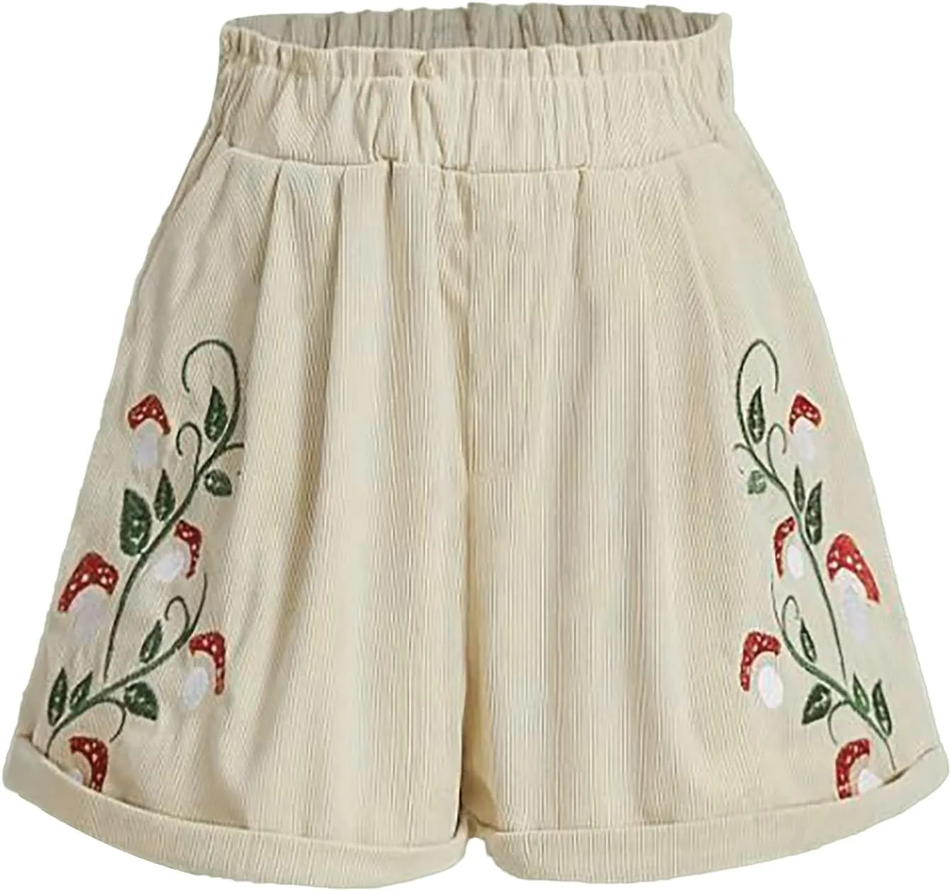 Women's Corduroy Comfy Plants Embroidery Shorts Elastic Waist Straight Leg Casual Beach Shorts for Women