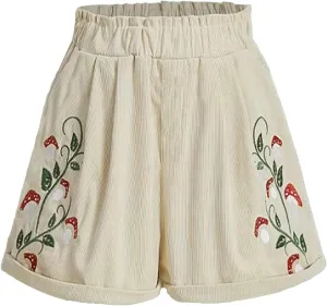 Women's Corduroy Comfy Plants Embroidery Shorts Elastic Waist Straight Leg Casual Beach Shorts for Women