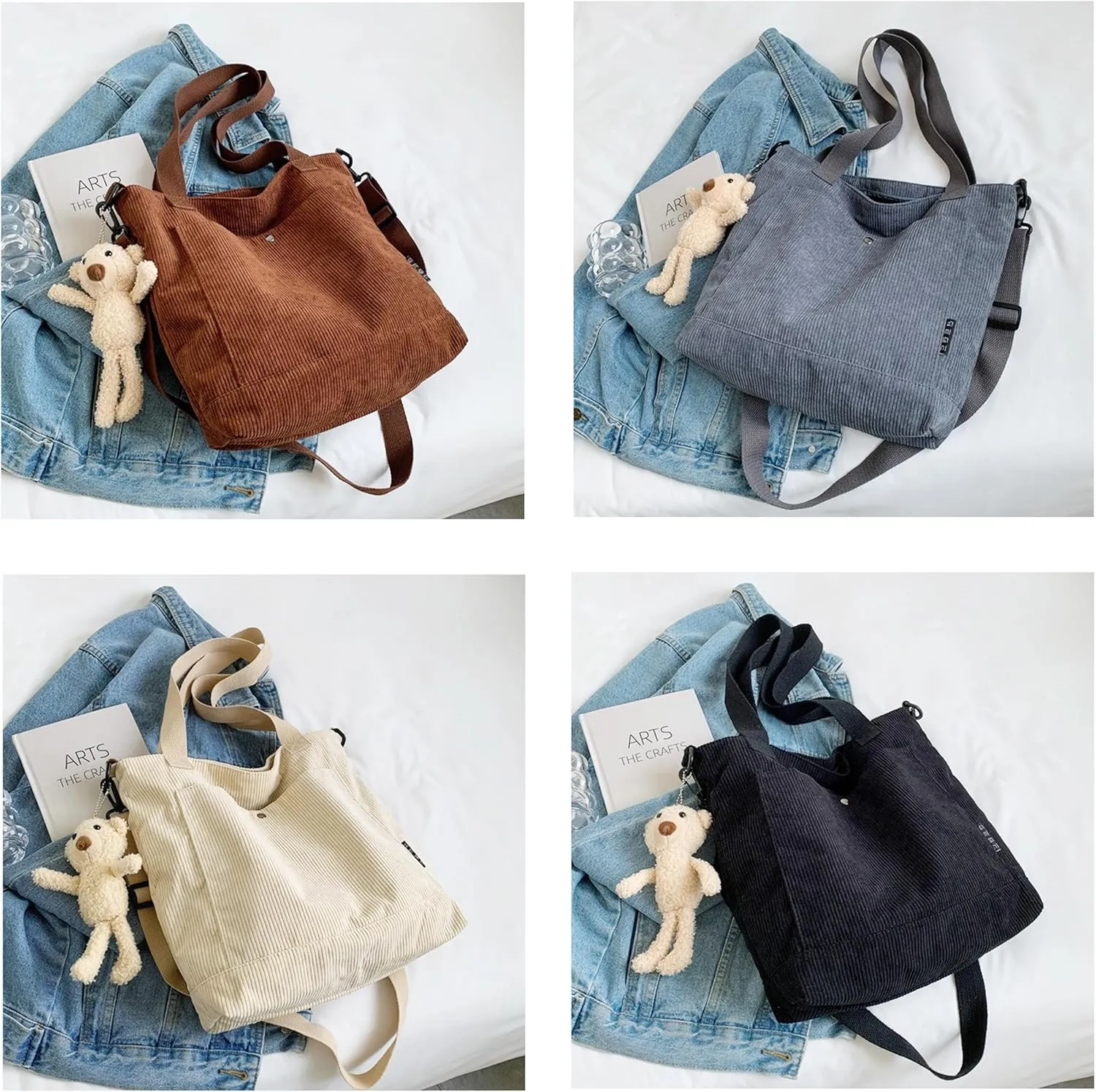 Women's Corduroy Tote Bag Zipper Tote's Handbag Retro Large Hobo Crossbody Handbag Casual Tote Shoulder Bag Gifts