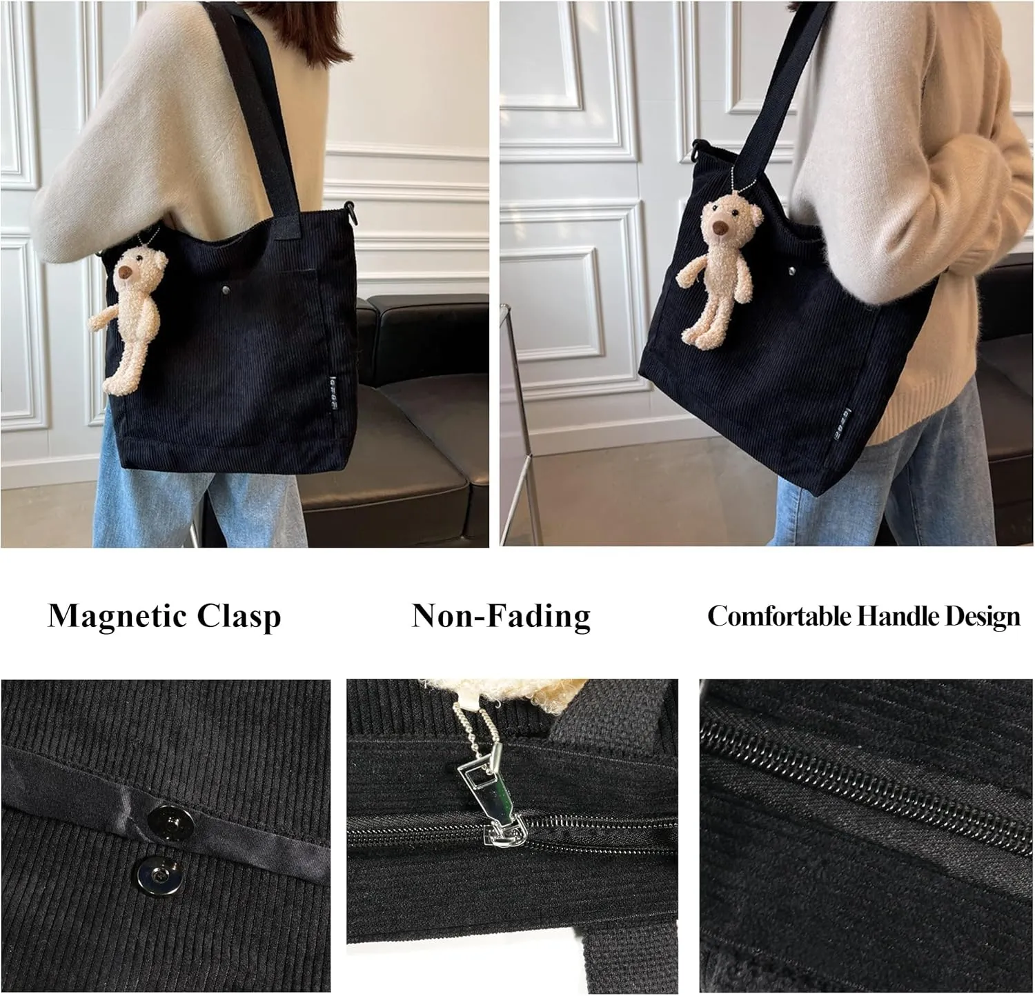 Women's Corduroy Tote Bag Zipper Tote's Handbag Retro Large Hobo Crossbody Handbag Casual Tote Shoulder Bag Gifts