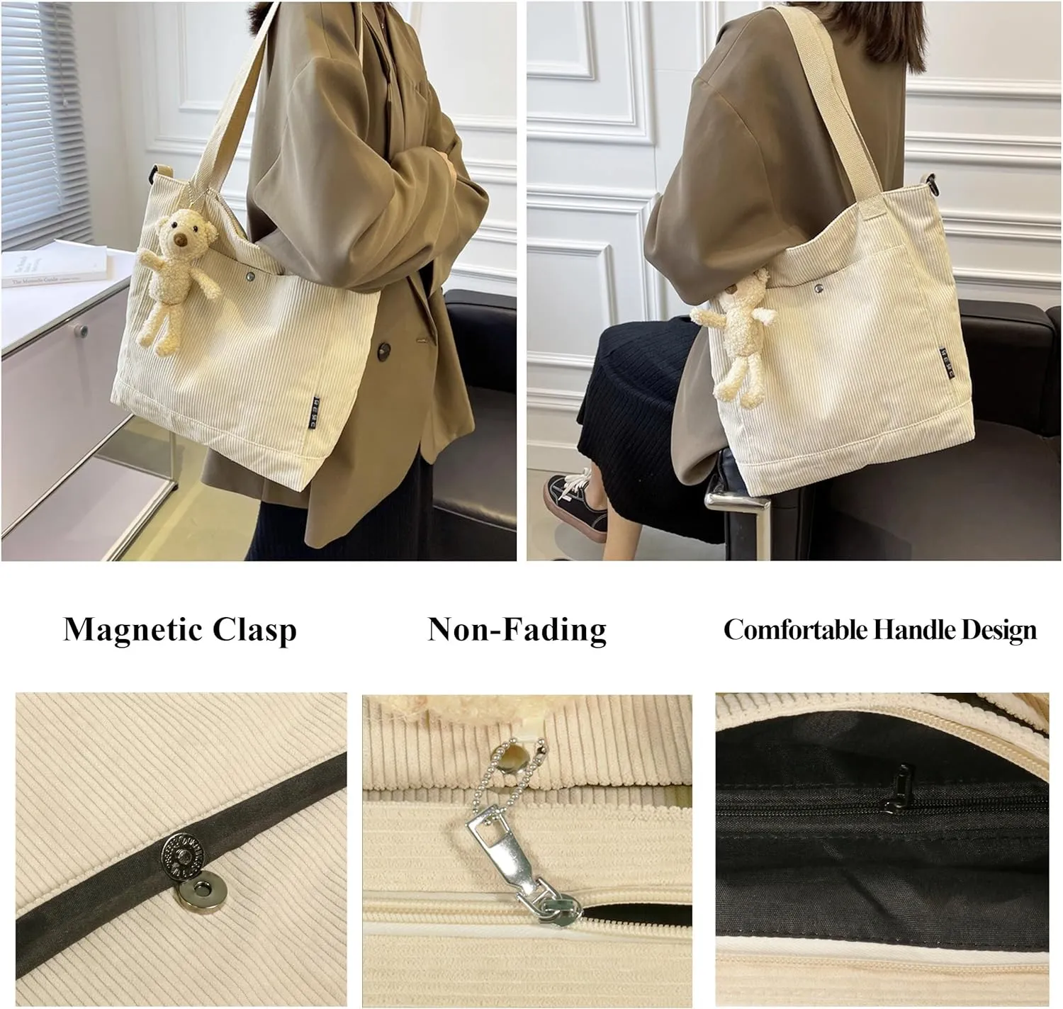 Women's Corduroy Tote Bag Zipper Tote's Handbag Retro Large Hobo Crossbody Handbag Casual Tote Shoulder Bag Gifts