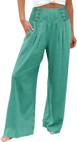 Womens Cotton Linen Pants Casual Solid Color Wide Leg Elastic Smock Waist Lounge Pant with Pockets