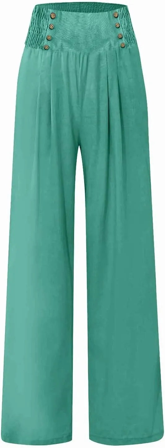 Womens Cotton Linen Pants Casual Solid Color Wide Leg Elastic Smock Waist Lounge Pant with Pockets
