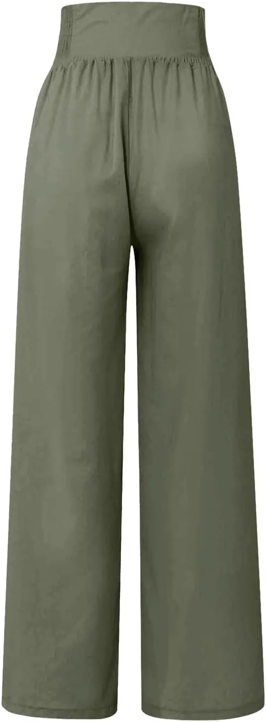 Women's Cotton Linen Pants,Summer Wide Leg Casual Button Elastic High Waist Palazzo Trousers
