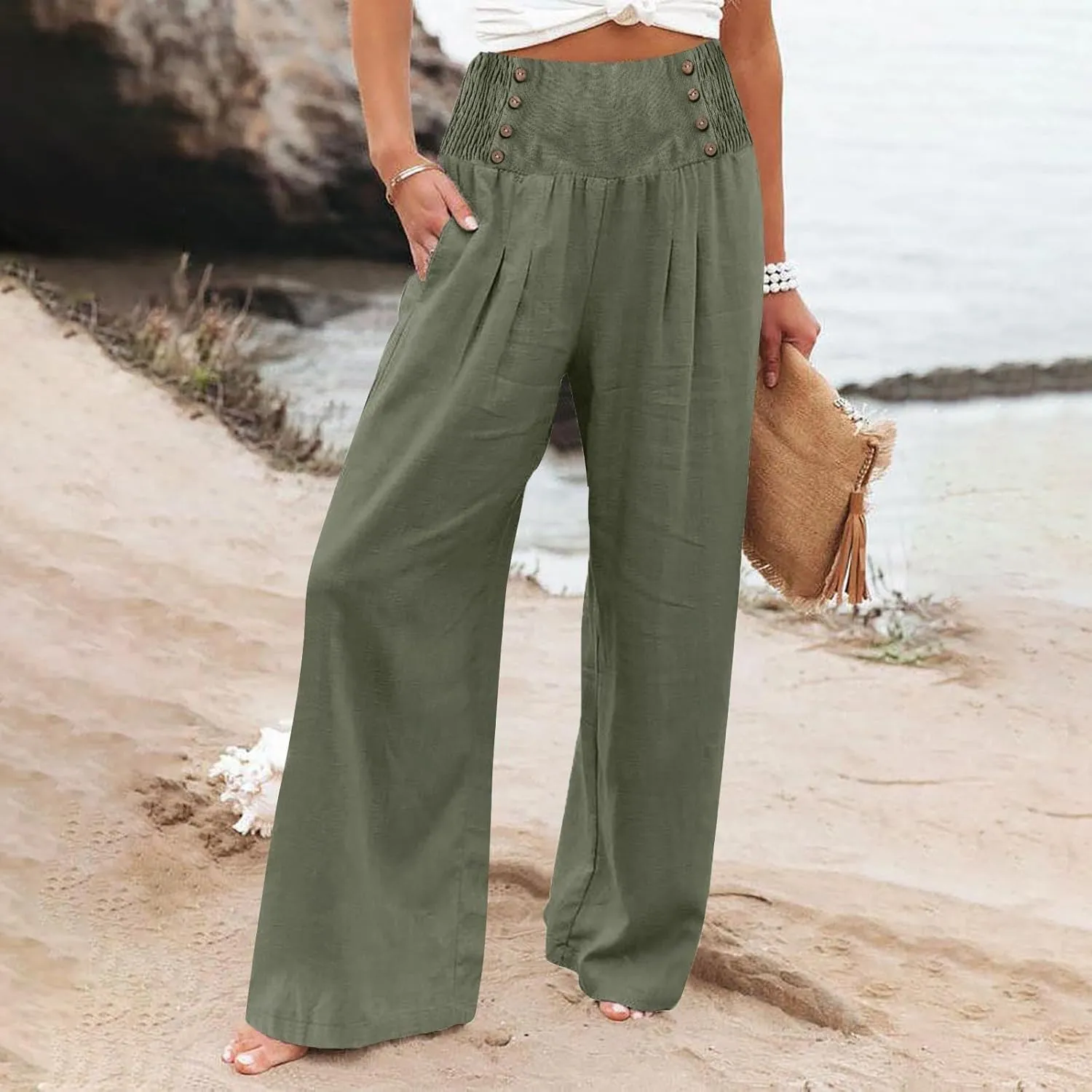 Women's Cotton Linen Pants,Summer Wide Leg Casual Button Elastic High Waist Palazzo Trousers