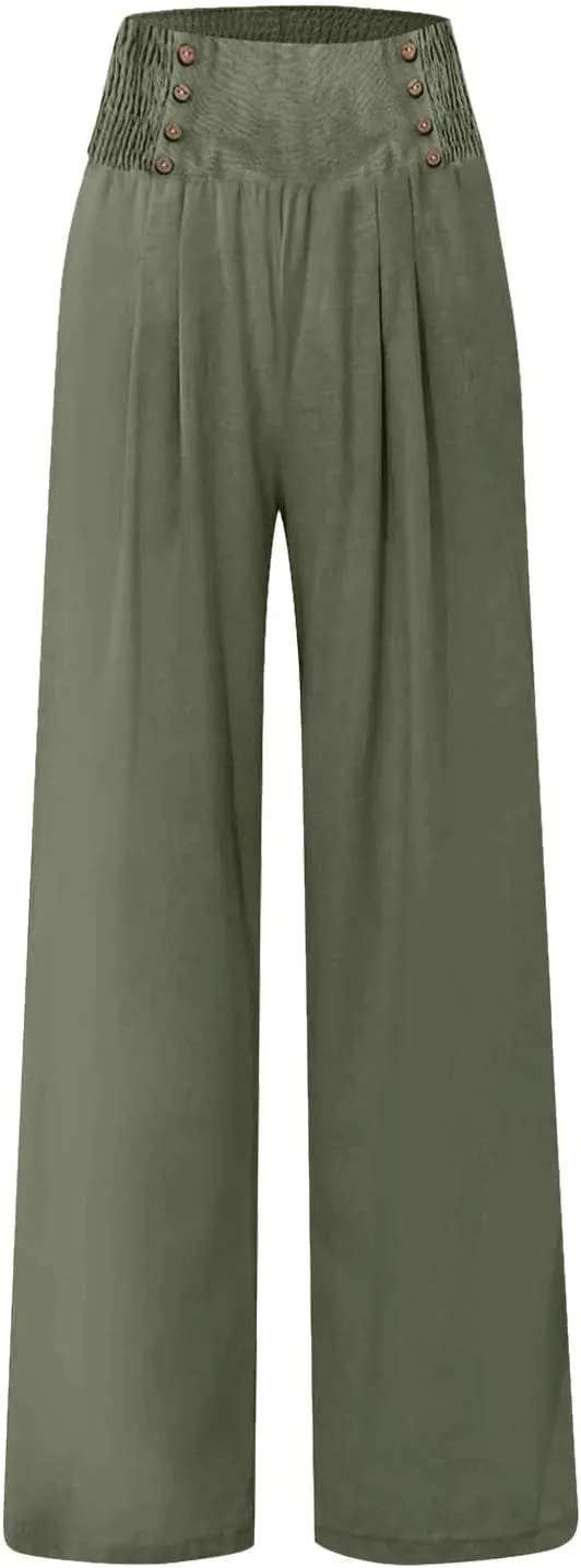 Women's Cotton Linen Pants,Summer Wide Leg Casual Button Elastic High Waist Palazzo Trousers
