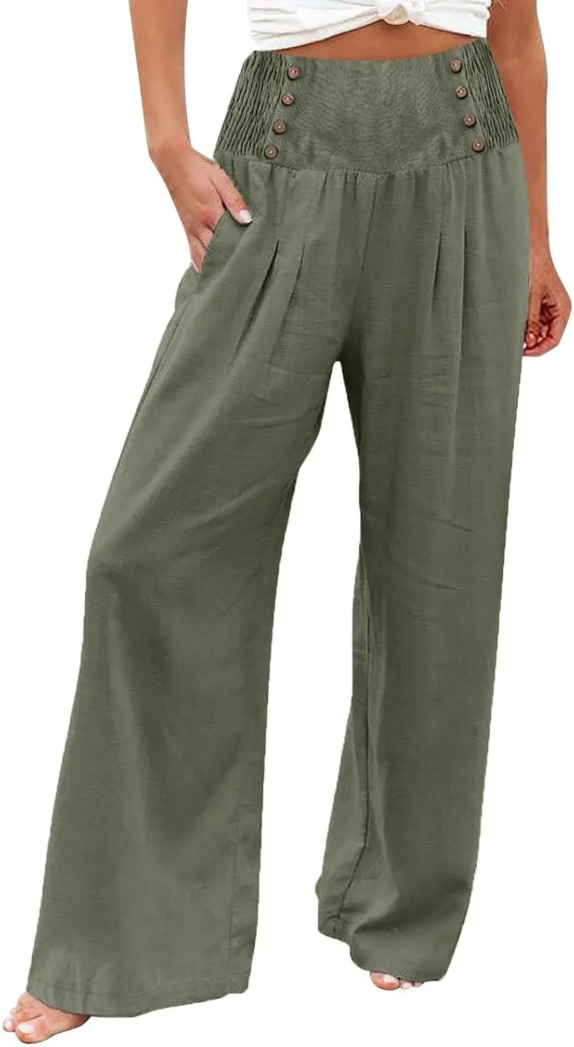 Women's Cotton Linen Pants,Summer Wide Leg Casual Button Elastic High Waist Palazzo Trousers