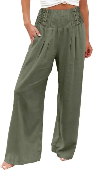 Women's Cotton Linen Pants,Summer Wide Leg Casual Button Elastic High Waist Palazzo Trousers