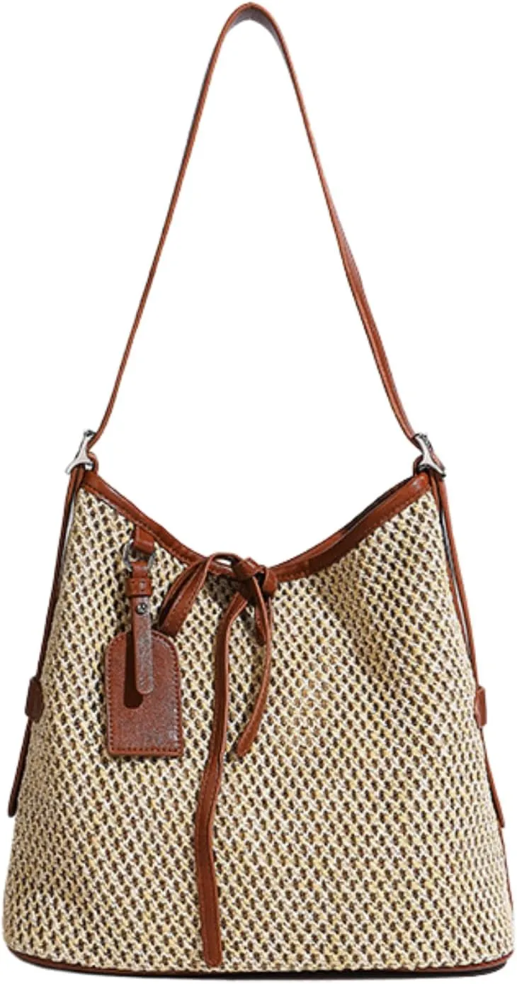 Women's Crochet Straw Bucket Bag - Trendy Beach Tote Boho Shoulder Bag Summer Vacation Designer Handbag Y2k Purse