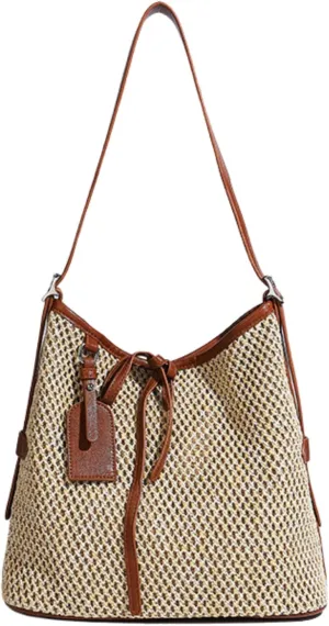 Women's Crochet Straw Bucket Bag - Trendy Beach Tote Boho Shoulder Bag Summer Vacation Designer Handbag Y2k Purse