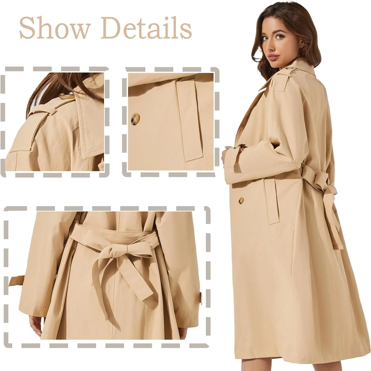 Women's Double Breasted Long Trench Coat Windproof Classic Lapel | Side Pocket Thin Coat With Belt.