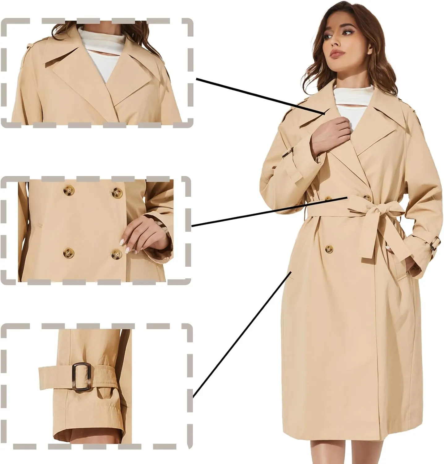 Women's Double Breasted Long Trench Coat Windproof Classic Lapel | Side Pocket Thin Coat With Belt.