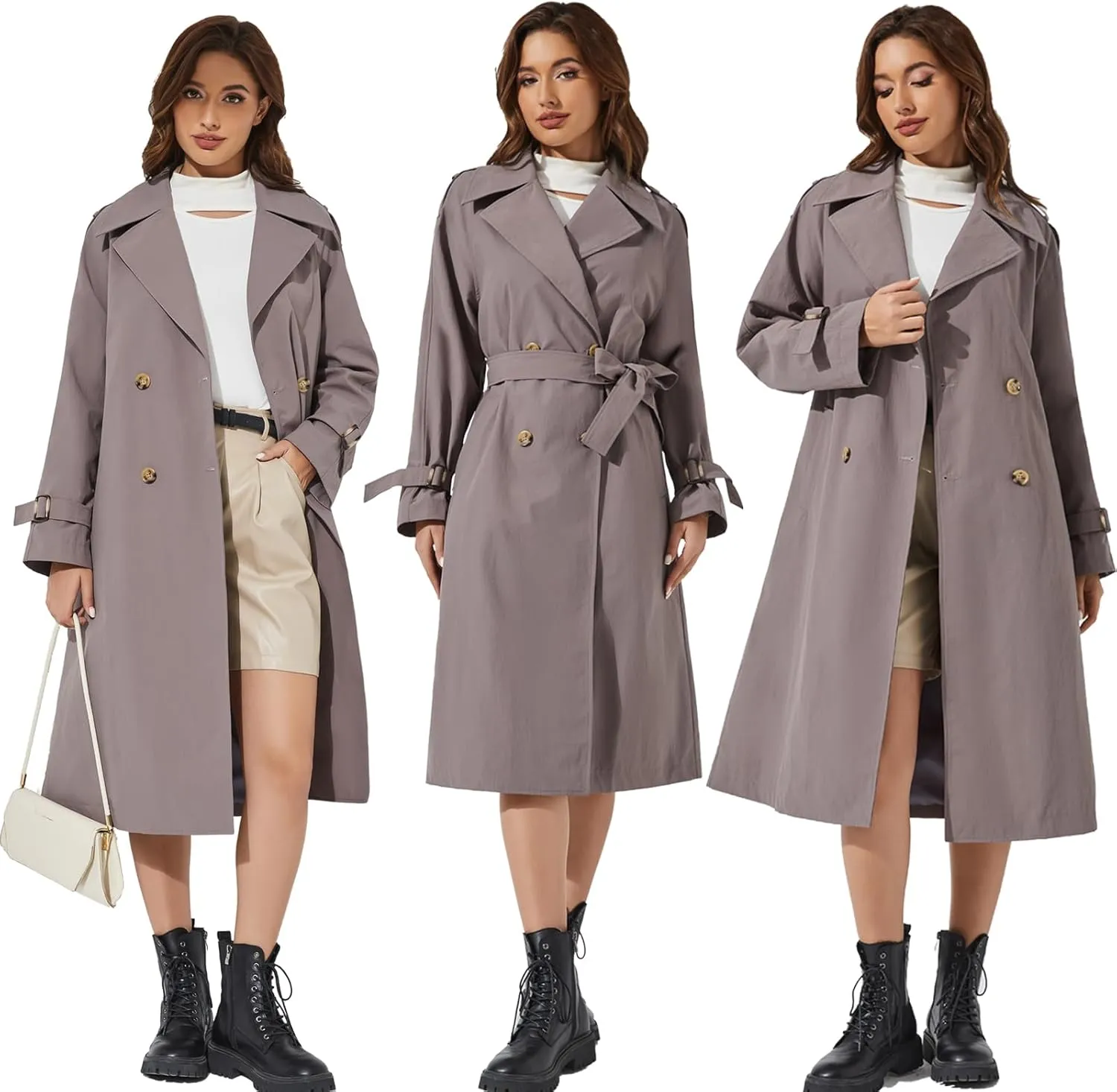 Women's Double Breasted Long Trench Coat Windproof Classic Lapel | Side Pocket Thin Coat With Belt.