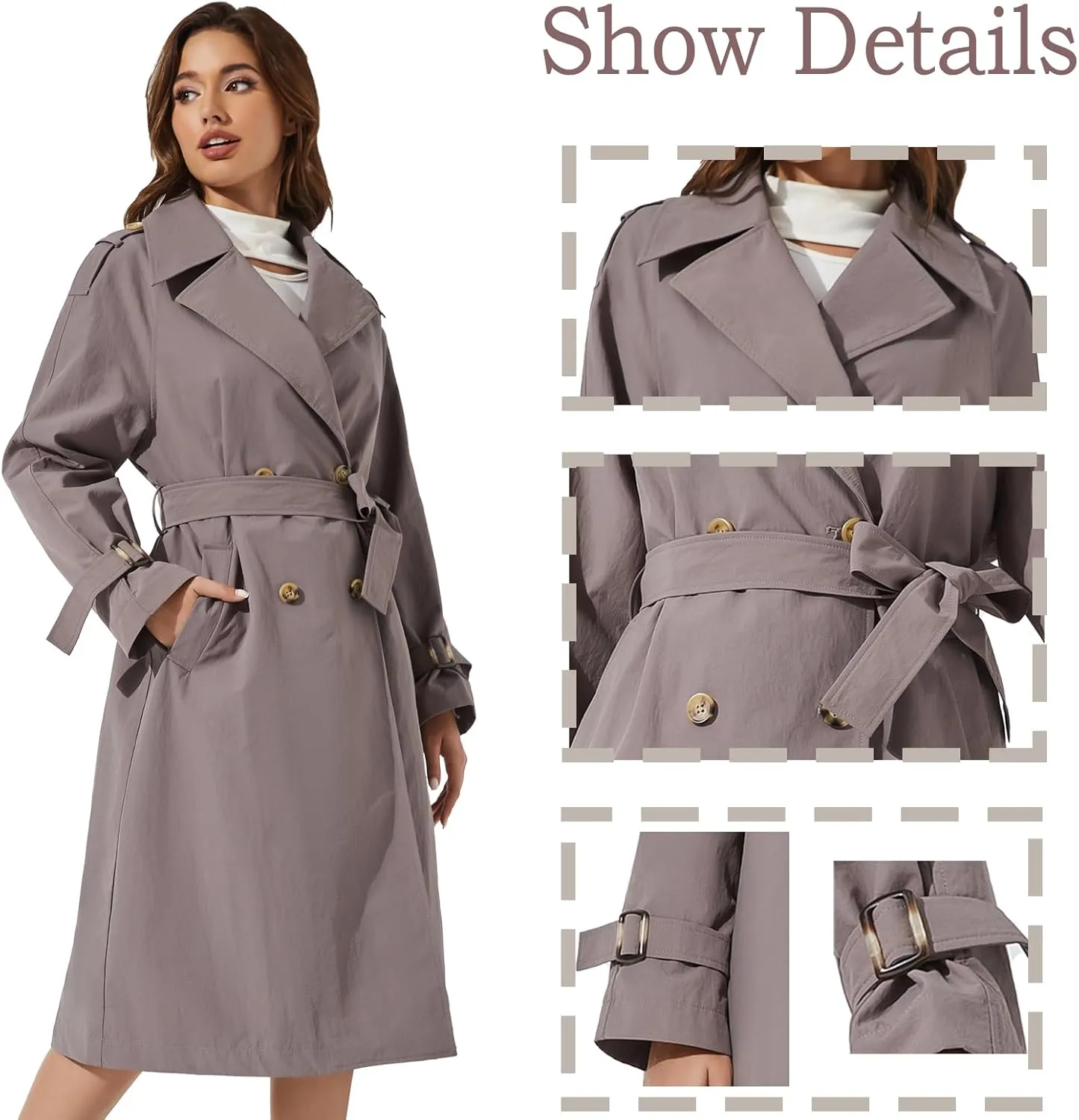 Women's Double Breasted Long Trench Coat Windproof Classic Lapel | Side Pocket Thin Coat With Belt.
